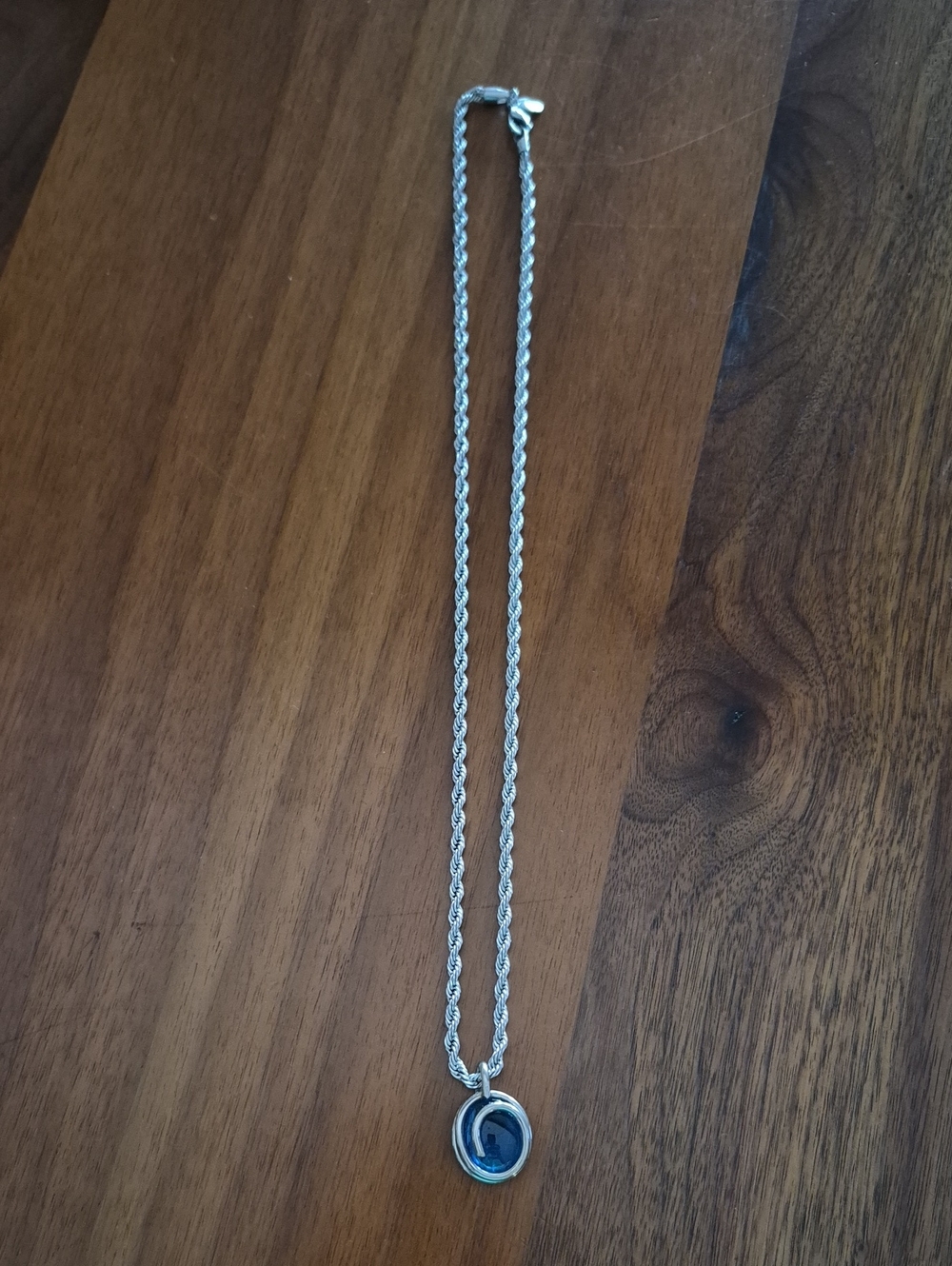 Stainless Steel Rope Chain Necklace with Blue Glass Pendant